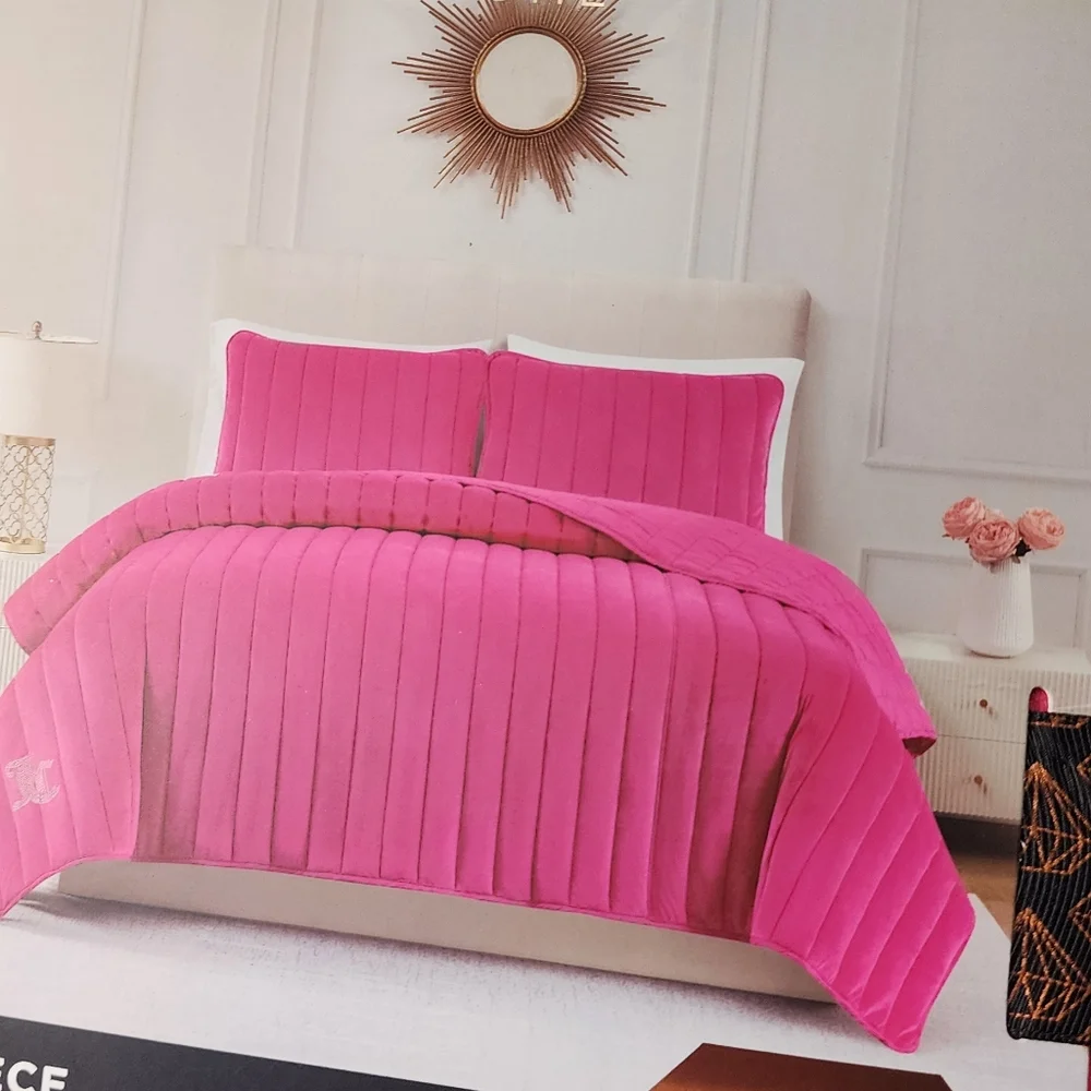 Juicy Coulture Hot Pink 3 Piece King Size Velour Quilt Set The Rose Collection